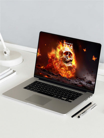 Blazing Fire Rose Skull Digital Wallpaper