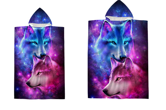 Lunar Embrace Wolf Pair Hooded Bath Robe Cosmic Fantasy Beach Robe