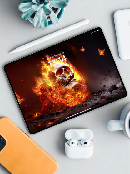 Blazing Fire Rose Skull Digital Wallpaper