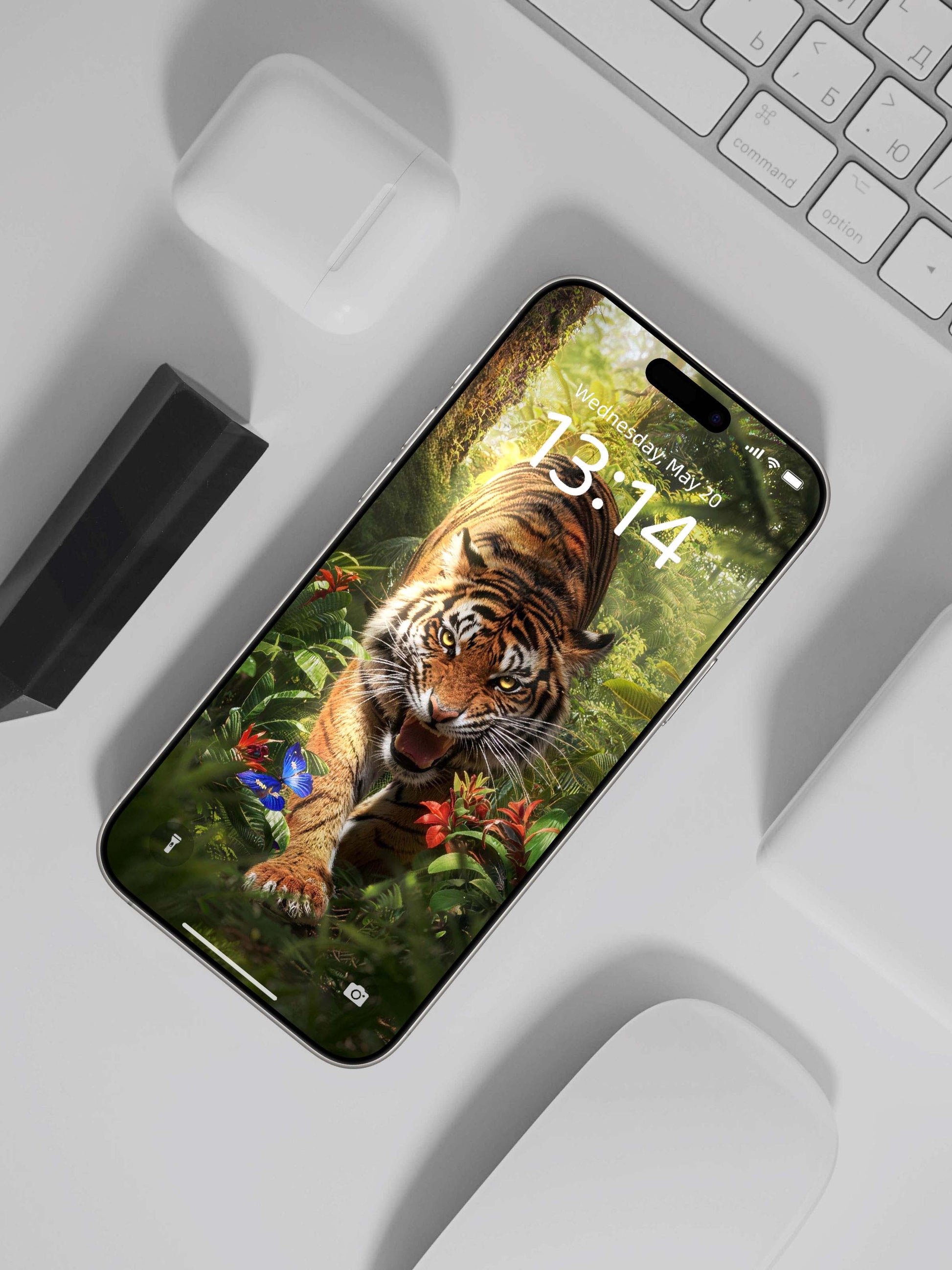 Rainforest Pouncing Tiger Digital Wallpaper