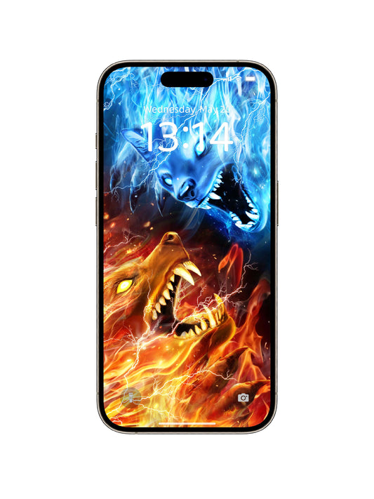 Frostfire Wolf Duel Phone Wallpaper