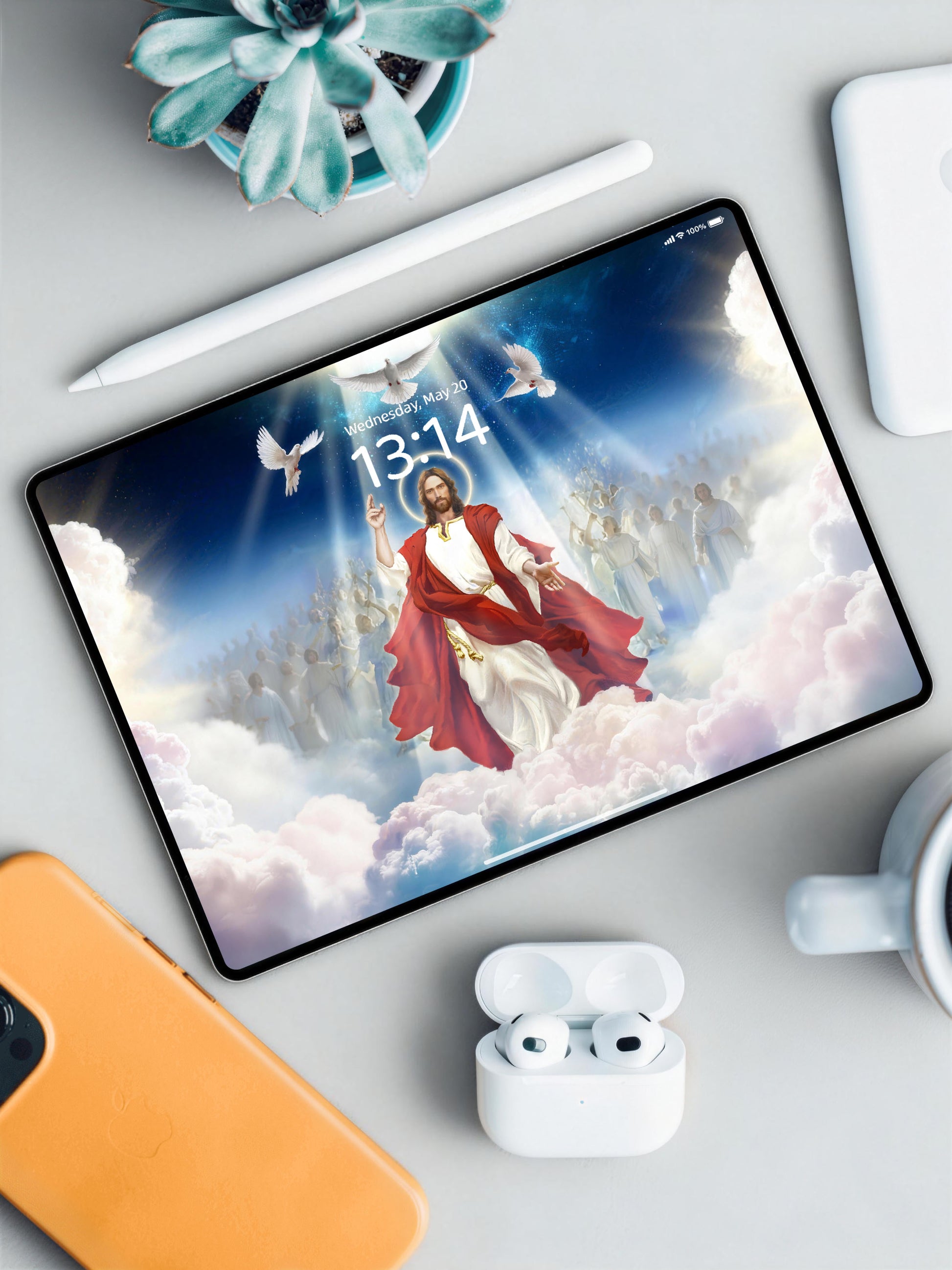 Jesus In Clouds With Halo And White Doves Digital Wallpaper