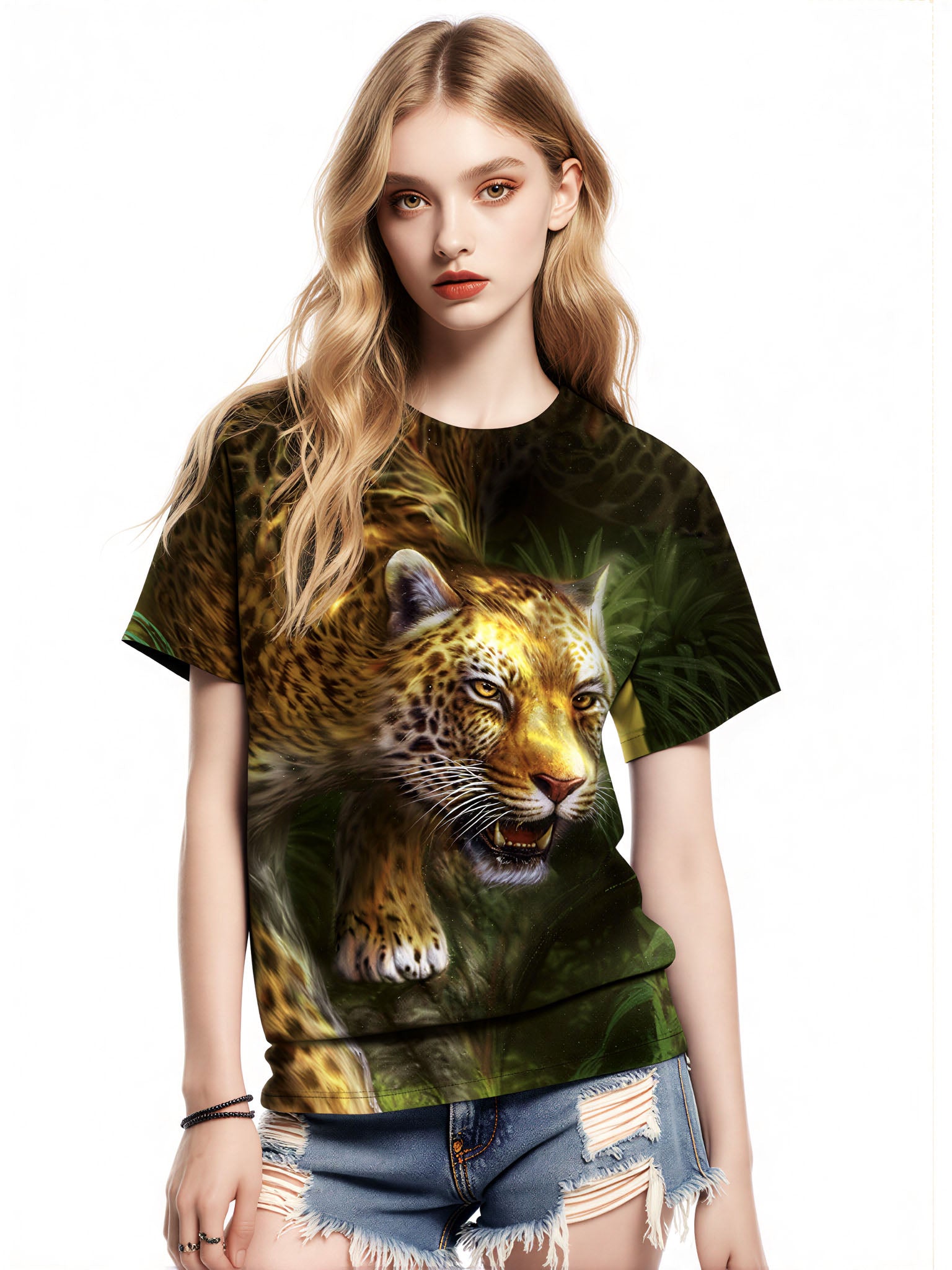 Men women 3d all over print t-shirt with a vibrant short-sleeved leopard design on a green jungle background