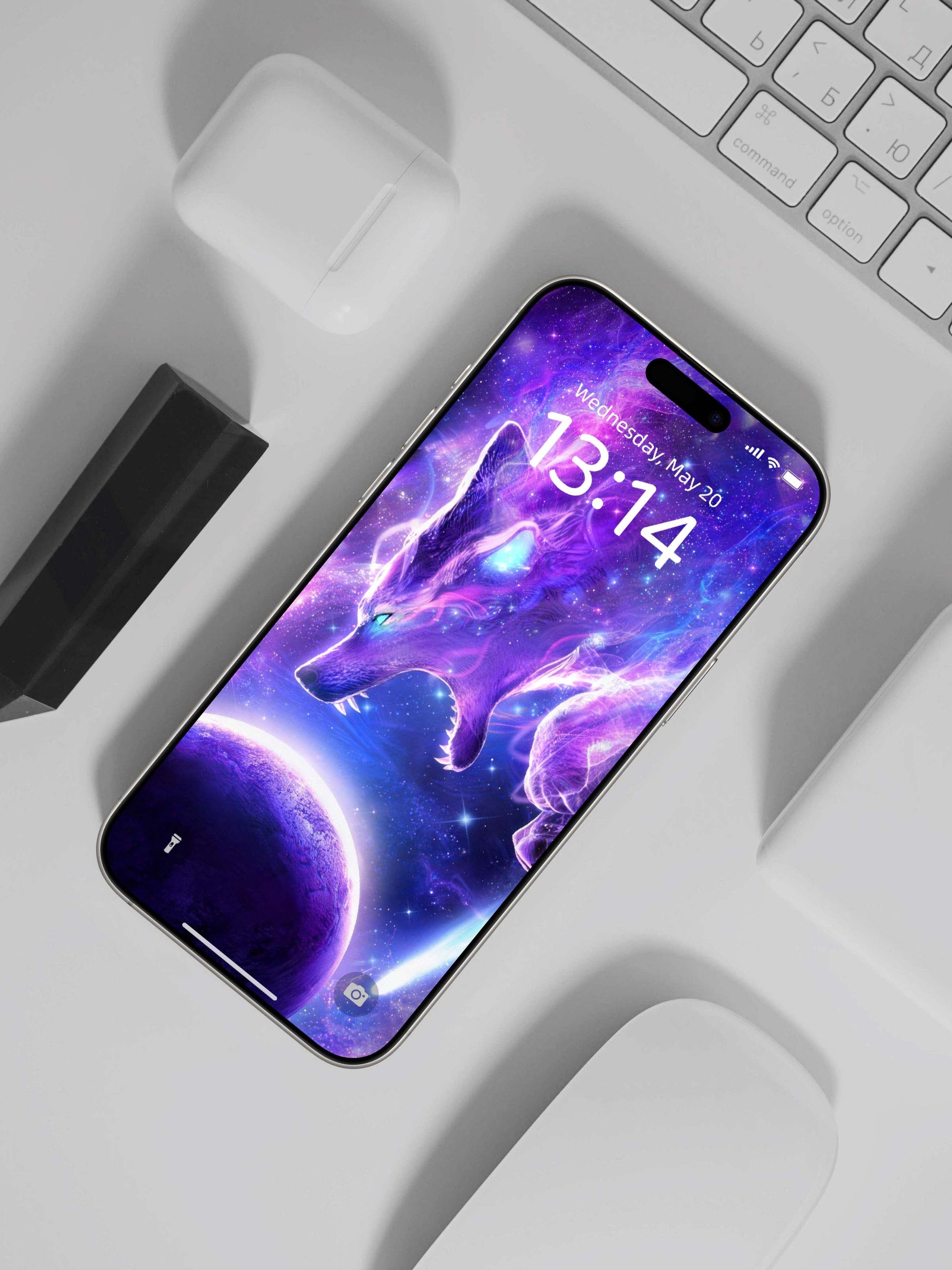 Fierce Purple Galaxy Wolf Head With Planet Digital Wallpaper