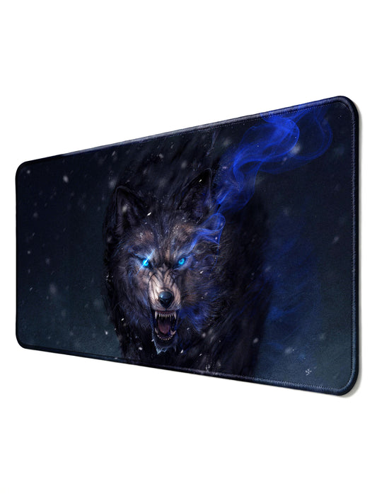 Fierce Black Wolf With Blue Eyes And Smoke Extended Desk Mat