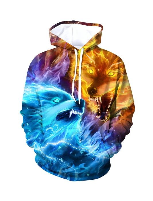 Unisex 3D All Over Print Hoodie Fire Ice Wolves Streetwear Cotton Blend Soft Comfortable