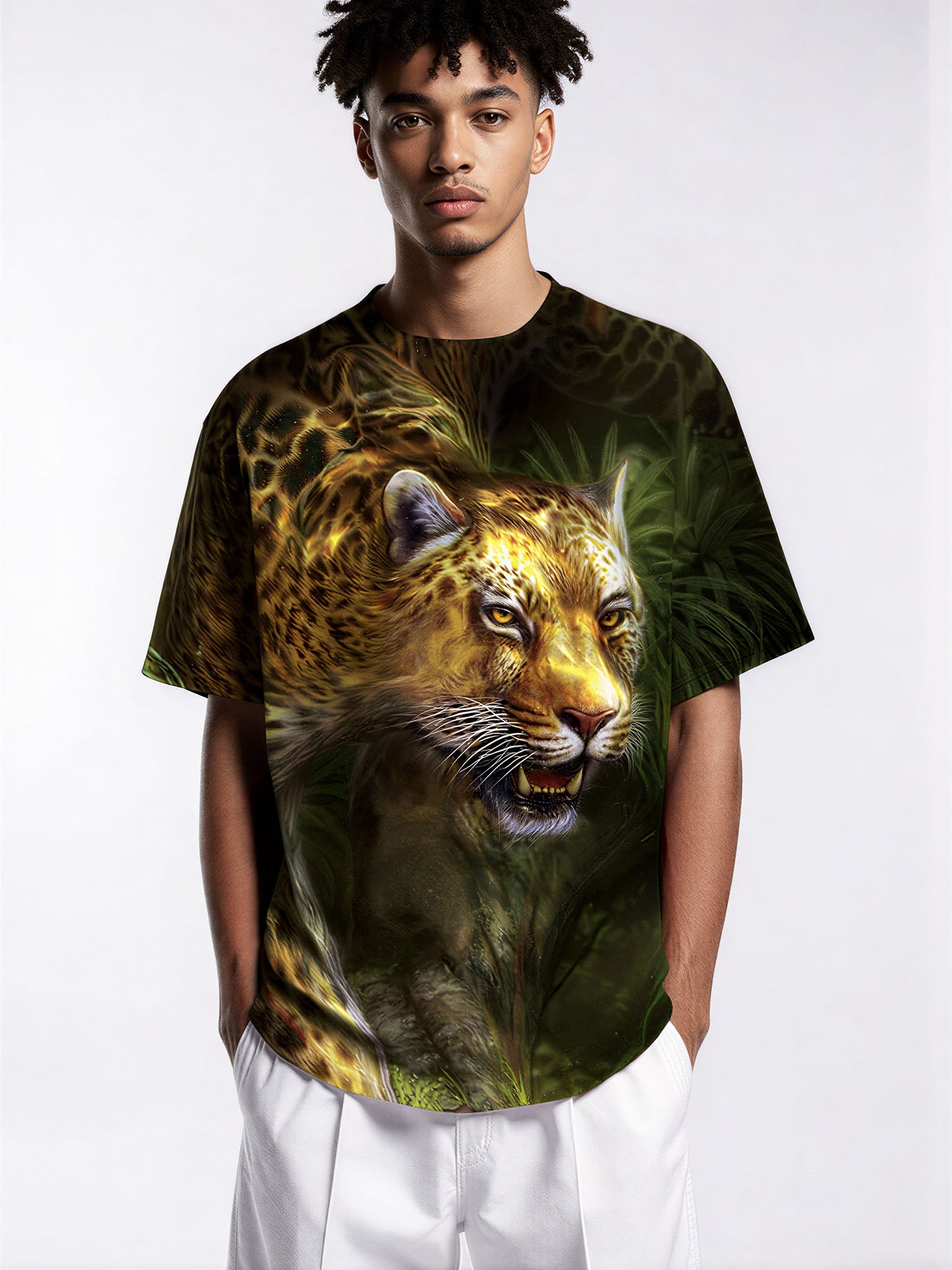 Men women short-sleeved t-shirt with 3d printed golden leopard and dark green jungle background design