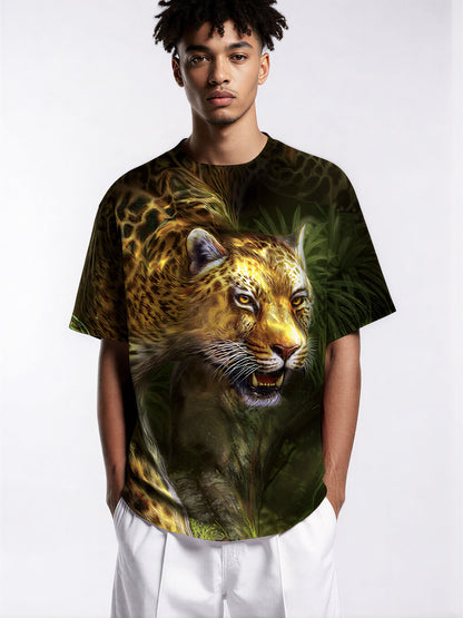 Men women short-sleeved t-shirt with 3d printed golden leopard and dark green jungle background design