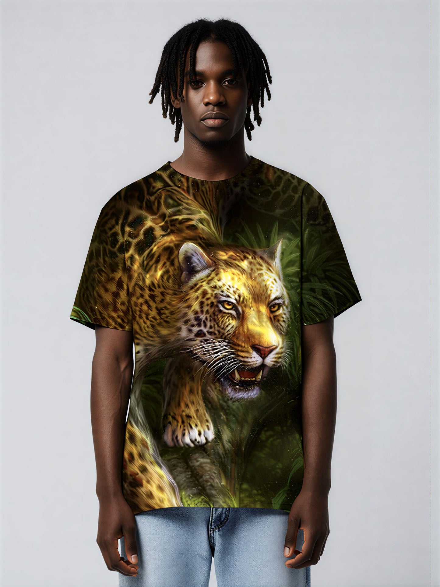 Men women 3d all over print sweatshirt with vibrant golden leopard and green jungle foliage full sleeve design