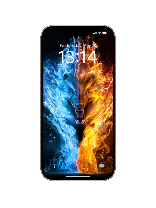 Phone wallpaper featuring a blue and orange fiery wolf split design, edgy style for streetwear and gothic clothing fans.