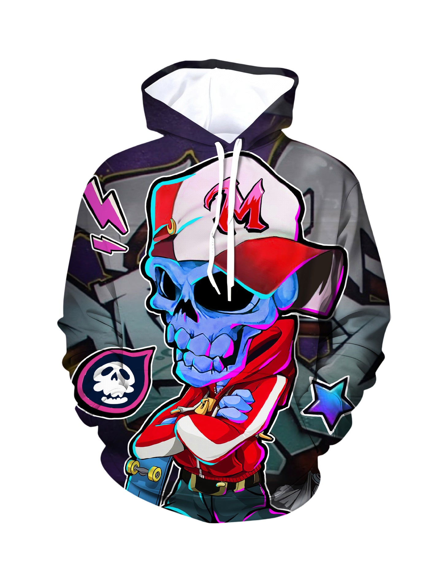 Street Graffiti Blue Skull Skater Cartoon 3D Print Hoodie