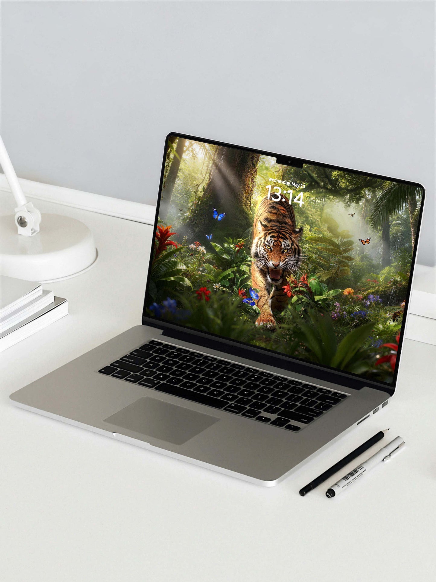 Rainforest Pouncing Tiger Digital Wallpaper
