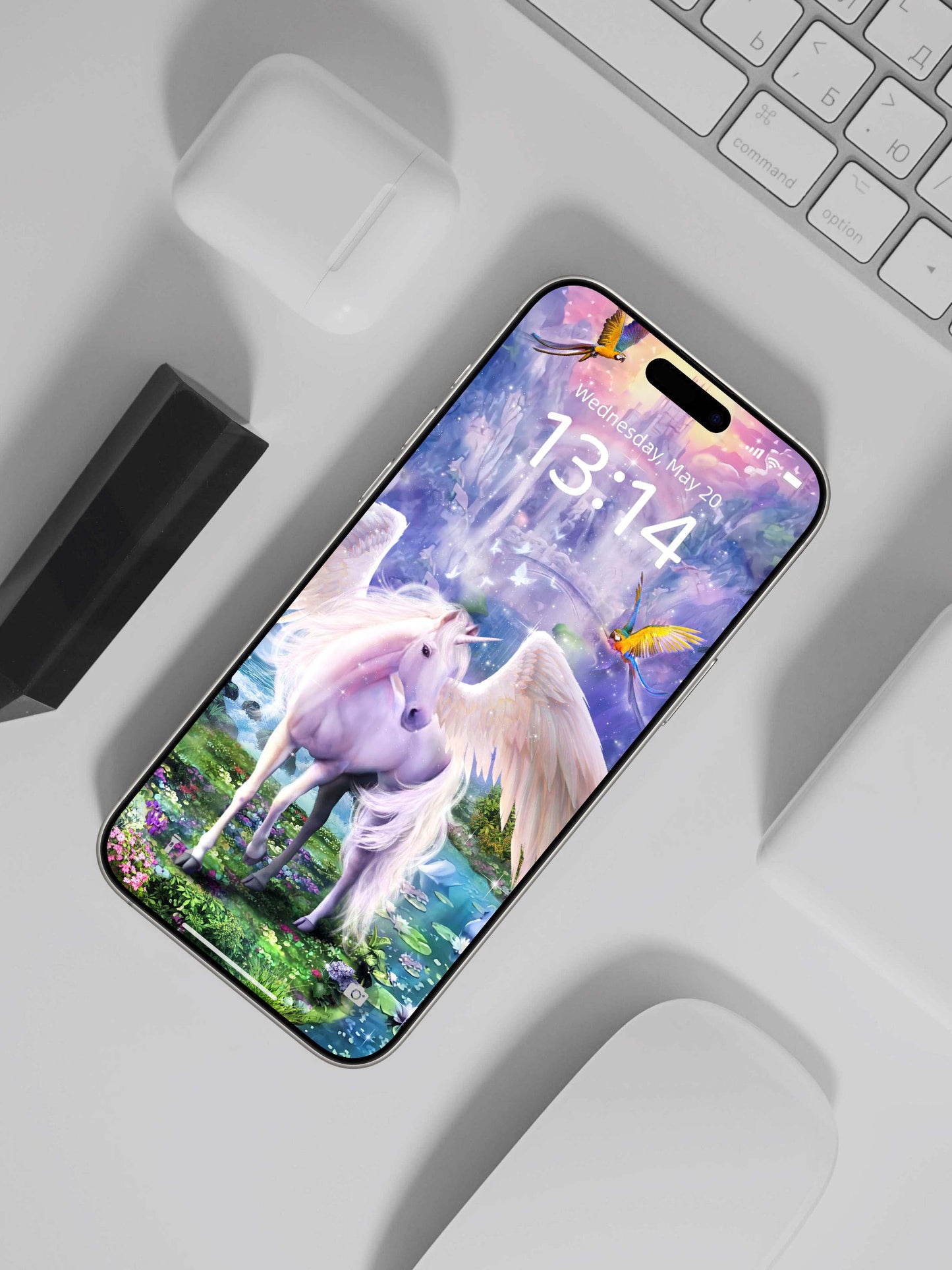 Phone wallpaper with majestic white unicorn under starry purple sky, blending streetwear and gothic clothing vibes for.