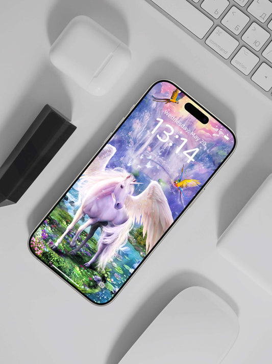 Phone wallpaper with majestic white unicorn under starry purple sky, blending streetwear and gothic clothing vibes for.