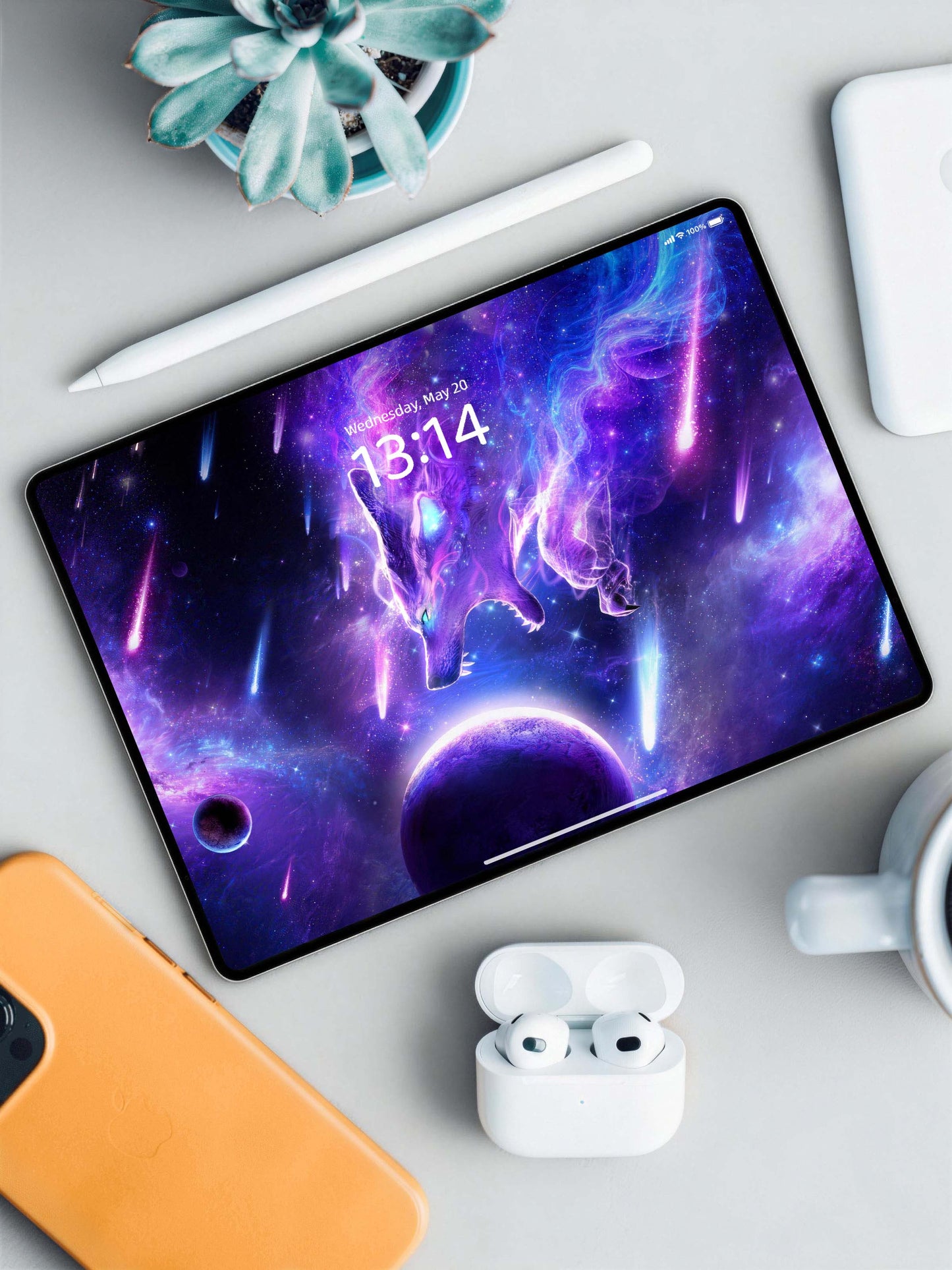 Fierce Purple Galaxy Wolf Head With Planet Digital Wallpaper