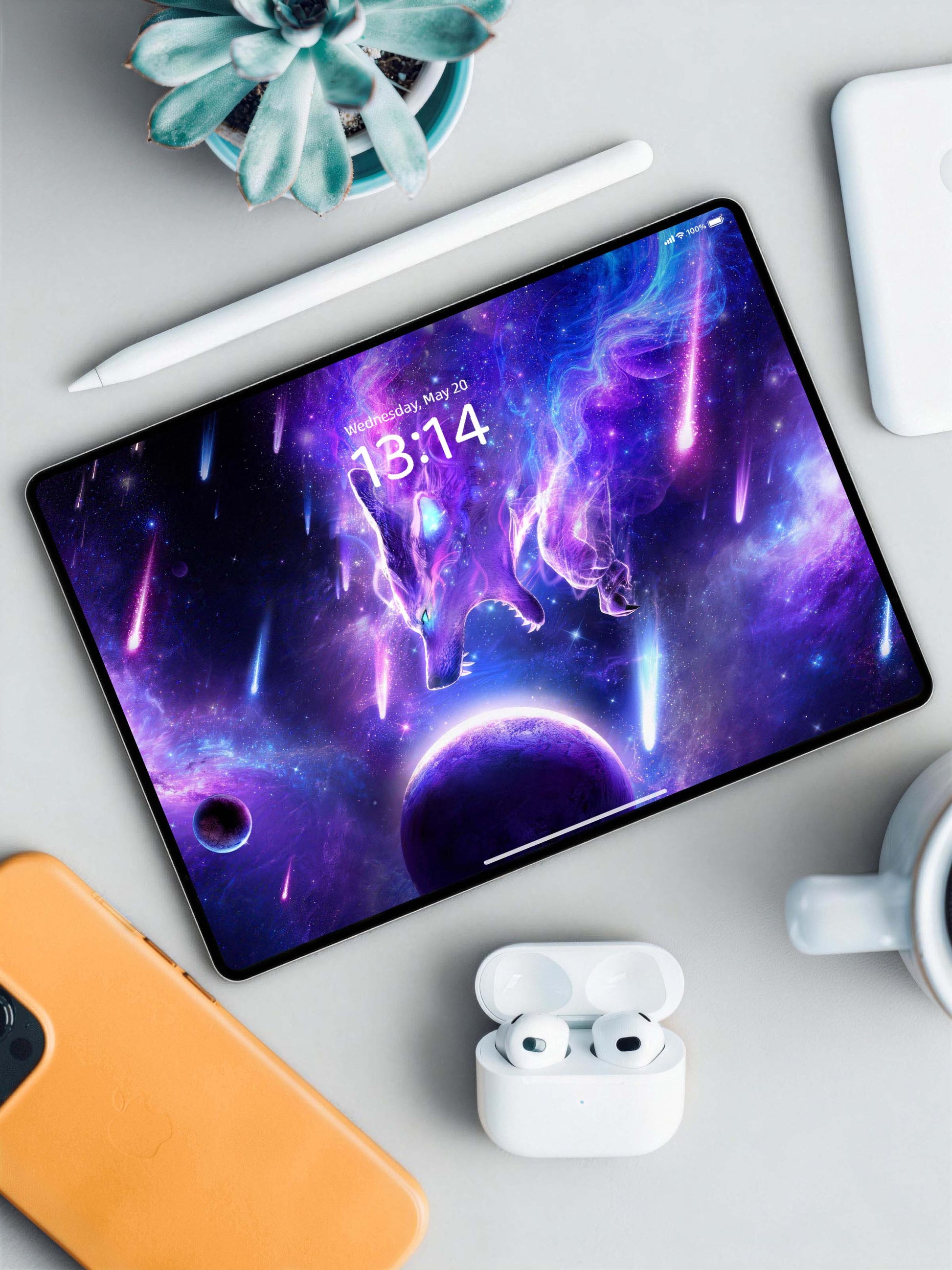 Fierce Purple Galaxy Wolf Head With Planet Digital Wallpaper
